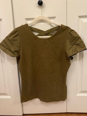 ANTHROPOLOGIE Olive Green Puff Sleeve Crossback Women's Top